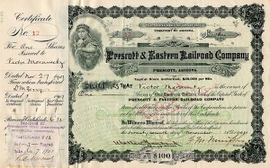 Prescott and Eastern Railroad Co. signed by Victor Morawetz - Autograph Arizona Stock Certificate - Part of the Atchison, Topeka and Santa Fe Railroad